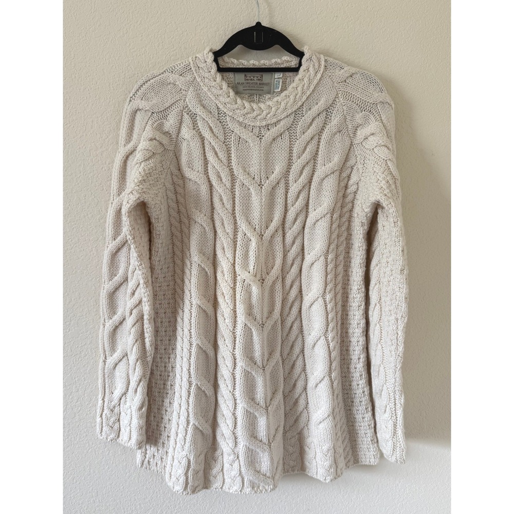 Vintage Aran Sweater Market Cream 100% Merino Wool Cable Knit Ireland Sweater L